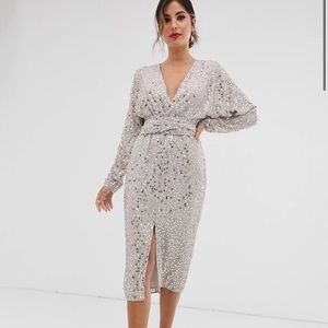 ASOS Sparkly Sequin Midi Dress w Wrap Waist & Batwing Sleeves